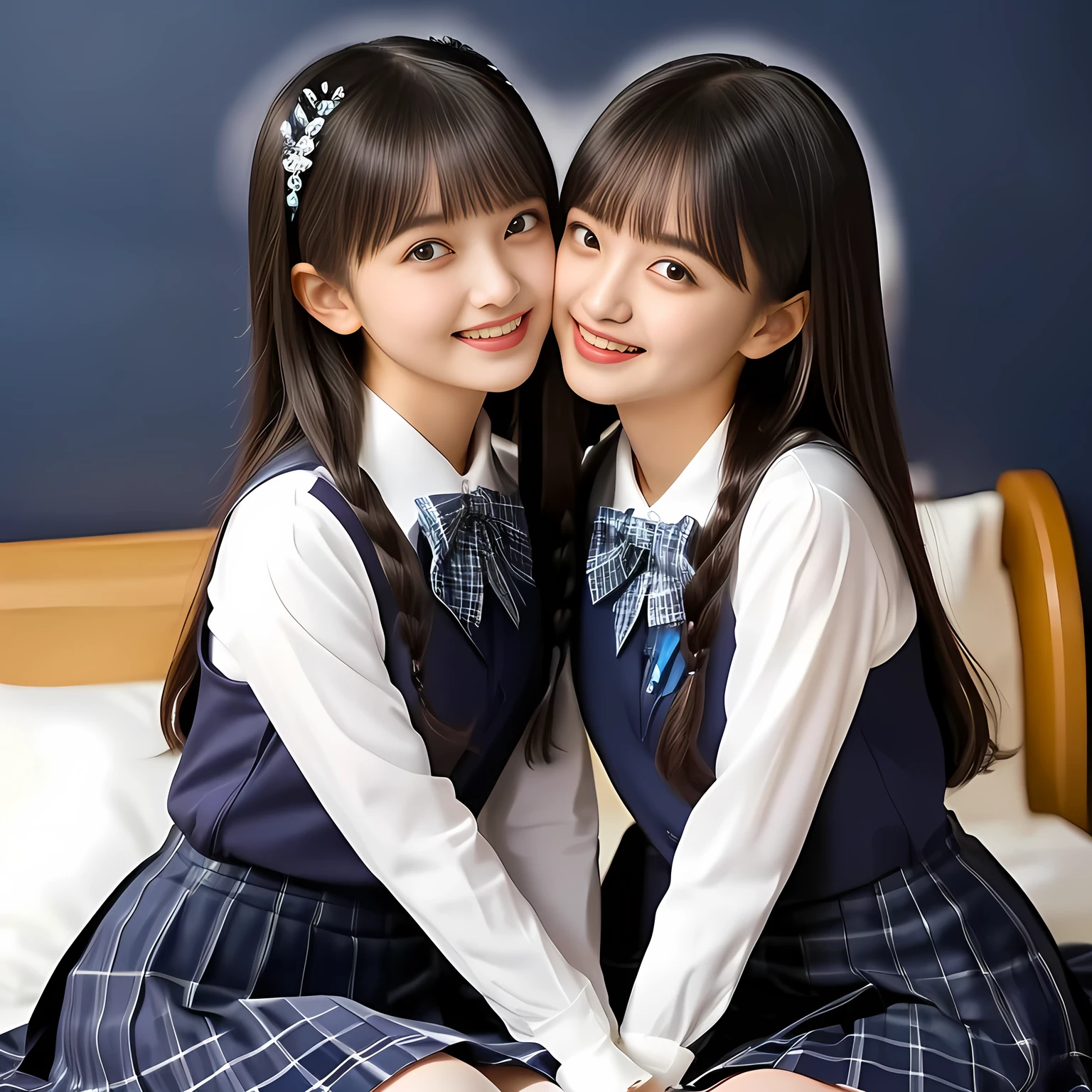 (Highest quality, masterpiece:1.2), Highest quality, High resolution, 1080P, 8k, height: 158cm, (Multiple cute girls are kissing the body each other wholeheartedly: 1.7), (Noble, Japanese **** truly-girly-girl is seated on a blue gorgeous bed and smiling directly at me in school uniform, blushed shyly, Hypnotizing me with her cuteness: 1.8), well-grown breast and nice style, (well arranged, balanced, untied, neat glossy wavy wavy super-long hair), (Half-closed, Very sleepy, Double-deep-eyelids, completely balanced, brown large large dreaming Japanese **** eyes, with detailed beautifully: 1.6), (Very-glossy lustrous lips: 1.8), (high nose: 1.2), (Rich and long bottom-eye-slashes: 1.2), (Drives me crazy for her navy-colored neat tartan plaid blue skirts and make me fall into her navy-colored plaid-print pleats skirt: 1.4), (Fine white-face that looks like she has never been out of home: 1.6), (Noble ****ta girly feminine frilled frilled clean frilled white girly long-sleeves blouse: 1.6), (Navy pleated plaid skirt: 1.5), (Plain-white big ribbon on the breast), (The background is a hypnotizing blue bed of evil-succubus background: 1.8), (Girl whom everyone loves because of her beauty and neat school fashion and noble manner and magic-charm of succubus: 1.7), (full body shot from above her head), (jolly face expression), (evenly cut curled glossy rich beautiful bangs: 1.6), (bright light hitting her white-face and skirt clearly beautifully), (Very very large, dreamy, Adorable eyes, Looking deeply at me: 1.5), white-shining skin, (She is touching her lips with her both hands finger: 1.2), (World of succubus atmosphere)