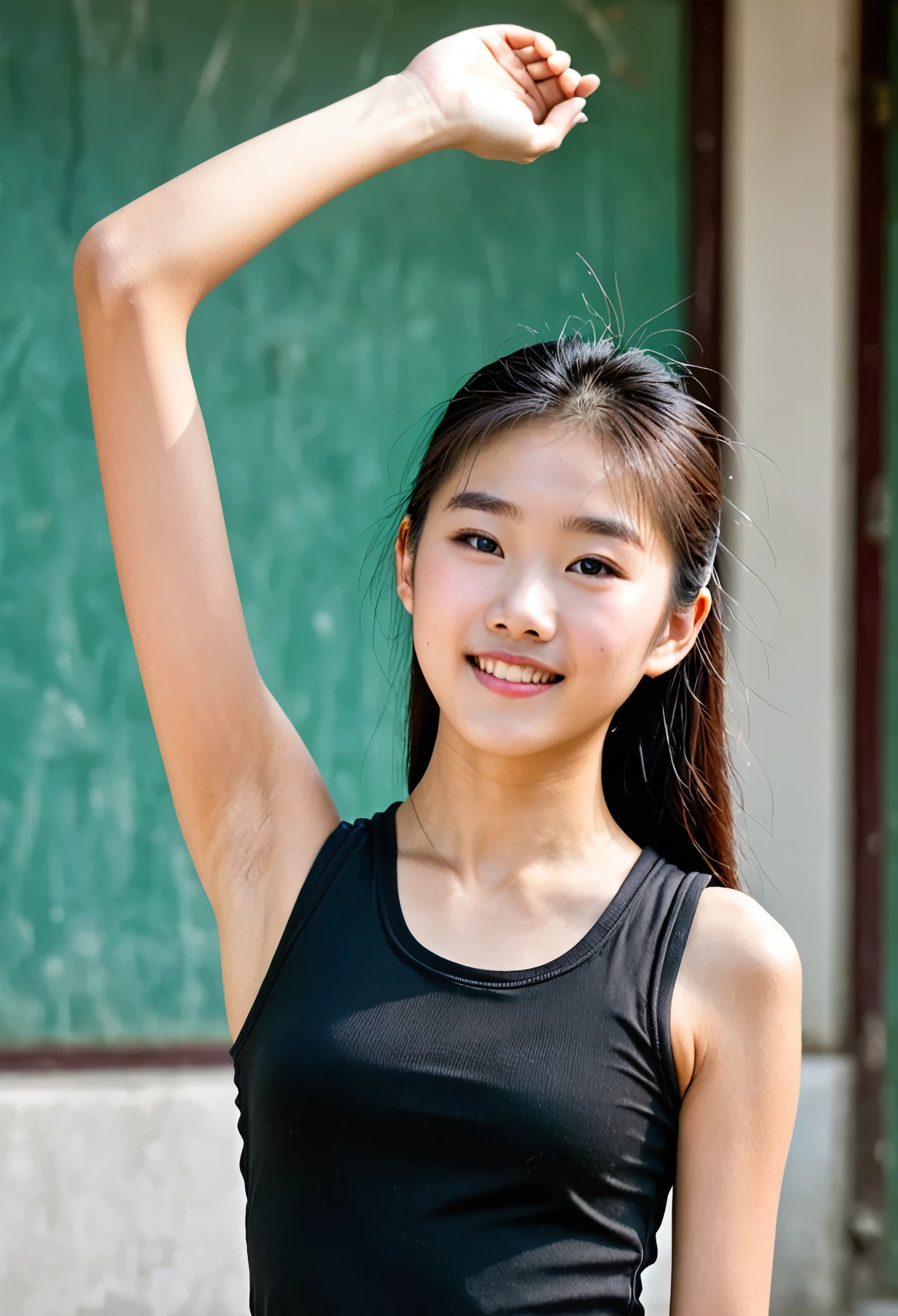 ((Raise your hands to show your armpits、Tecateca armpits:1.15、armpit pose、Apply shiny oil to the armpits、Oiled wet armpits、Tecateca armpits:1.15、Armpit、Detailed armpit wrinkles、Armpit、Wrinkles under the armpits:1.4、a little freckles on the face、Glossy armpits:1.15、slimy armpits、Armpit tecateca:1.4、full body closeup、lowerbody、Sleeveless sailor suit、A smile、red lipsticks、playground、Sleeveless sailor suit、10years old girl))、(masterpiece:1.3), (8K, Photorealsitic, Raw photography, Top image quality: 1.4), a japanese girl、Standard body shape:1.3、high-ponytail Hairstyle、Super Detail Face、Eye of Detail、二重まぶた、Super detail armpits、foco nítido:1.2、prety woman:1.4、light brown hair、top-quality、masterpiece、超A high resolution、(Photorealsitic:1.4)、Highly detailed and professional lighting smile、Background of the playground、on the park、Girl in sleeveless sailor suit and armpits