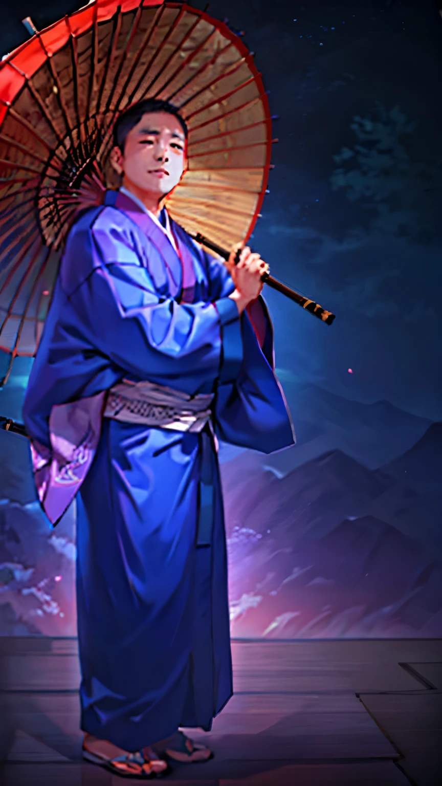 top quolity,reality,a japanese man,30s,araffe dressed in a kimono with a purple umbrella,  kimono, ukiyo-style, inspired by Yamamoto Shōun, Wearing kinagashi, inspired by Shūbun Tenshō, wearing a kimono, inspired by Sesshū Tōyō, inspired by Kanō Sanraku, ukiyo,crew cut,setta,The upper right hand is hidden under the kimono, and the left hand is holding an umbrella.