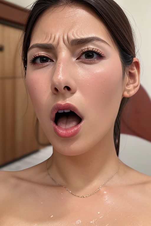 Tabletop,Award-winning photography, Very detailed, スーパーorgasm, Woman with open mouth and closed eyes , Skin shiny with sweat、Sharp focus on the face、From below、Lighting that highlights shiny sweat{{{orgasm:1.5 }}}, Black-haired、Please be careful when viewing、,nsfw,(:1.3) ,(Final:1.2),(Vulgar:1.3),(Have fun like a fool:1.1),(steam:1.1),(Wet:0.8),(trembling:0.8),(tears:0.7) ,(Drooling:0.6),(sweat:0.8),((Raise your arms behind your back,Face close-up))((Glossy skin with ultra-realistic details))((Real human skin))(Small head),Bright light,Beautiful Japanese Women,(Sharp focus on the eyes, Nose and mouth)Inside the location bus,,Frowning, Raise your eyebrows, half-closed eyes, Grimacing, shout,Small head,(((furrowed brow, raised eyebrows, frown,))) anatomically correct, textured skin((Thin neck,Sharp jaw,))