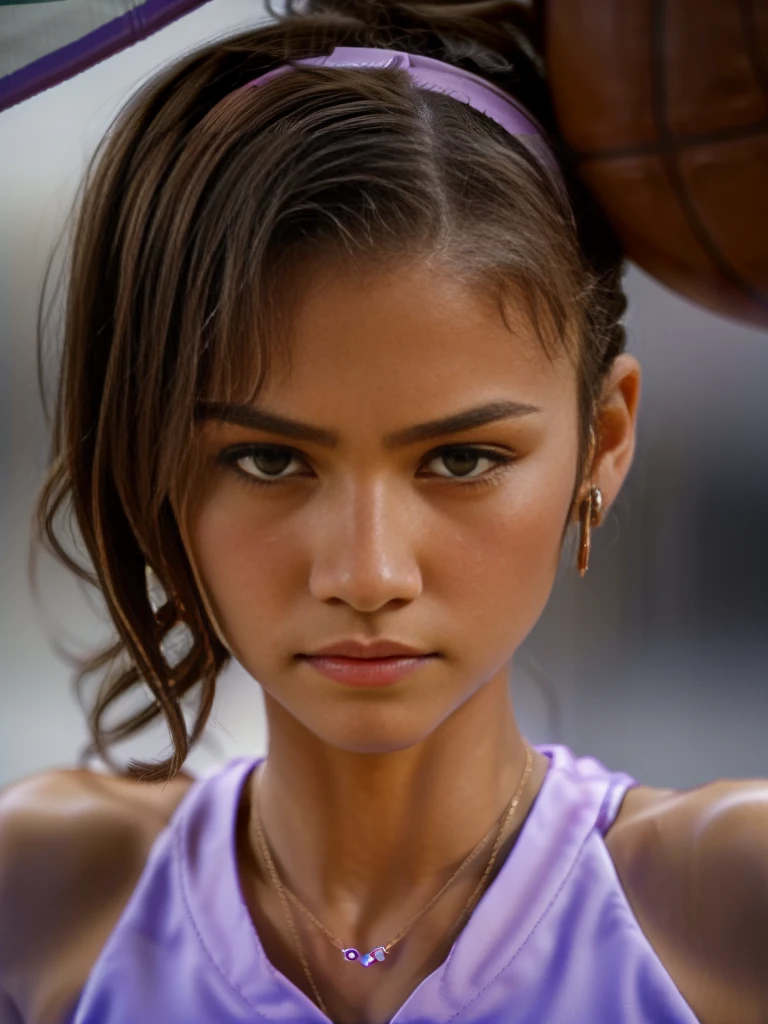 (zendaya:.4), (32k:1.5, Highest quality, masterpiece, Ultra-high resolution), Professional camera work:1.6, Highly detailed skin and face textures:1.3, Captivating portrait:1.2, Very accurate, Very detailed, 1 adult female, ((at basketball field1.4), Incredibly slim body, sense of loss, Sadness, Expressions of sadness,  Small face, A dreamy look:1.0,  (Wet dark brown medium length hair), Candles, The chest is medium, Earrings, necklace, bracelet, (romantic, mysterious), ((playing basketball:1.4)), ((medium shot))