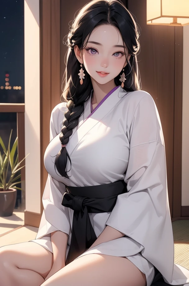 （（（完美figure，figure，solo， （（（White kimono,long sleeves, wide sleeves, ））），（（（purple hair, long hair, hair pulled back,parted lips,purple eyes, Single braid,））），((masterpiece)),high resolution, ((Best quality at best))，masterpiece，quality，Best quality，（（（ Exquisite facial features，Looking at the audience,There is light in the eyes，(（（lol，Happy，））），））），（（（Light and shadow，Huge breasts））），（（（Looking at the camera，White background)）））