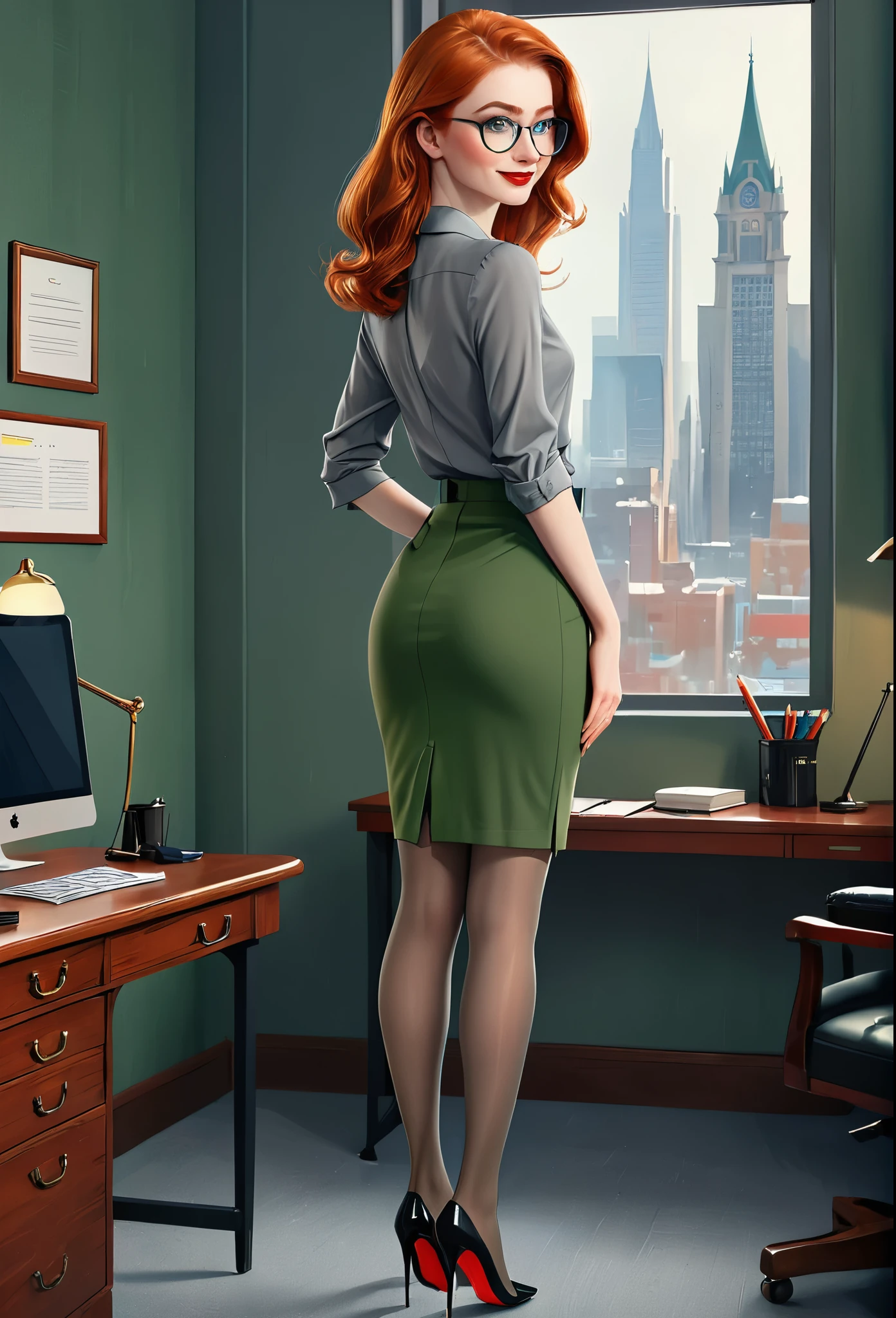 (back view, full body:1.4),((ultra realistic illustration:1.3)), Tall, slender ((redhead:1.2)) woman of Irish descent. (pale:1.3)complexion. blue eyes, cute butt, nice legs. Kind eyes, cute (smile). eyeglasses, red lipstick, grey blouse, green pencil skirt, tan pantyhose, black stiletto heels. Law office. Masterpiece, (highly detailed:1.2),(detailed face and eyes:1.2), 8k wallpaper, cinematic lighting. core shadows, high contrast, bokeh.