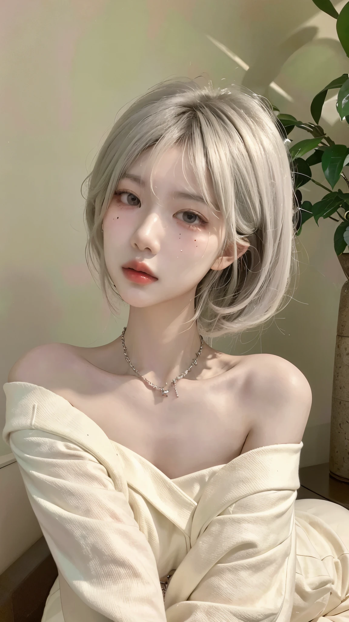Top image quality、Raw photography、超A high resolution、21-year-old Korean、small tits、Dynamic angles、Cowboy Shots、The most beautiful forms chaos、elegent、Brutalist design、beautiful white hair、a short bob、smil、shiny white skin、Beautiful eyes with random colors、Very beautiful eyes down to the details、elongated eyes、thin lipss、pale pink blush、long eyeslashes、beautiful double eyelid、eyeshadows、Christmas、santa 、shot from a side angle、Point your finger up、sexy pose