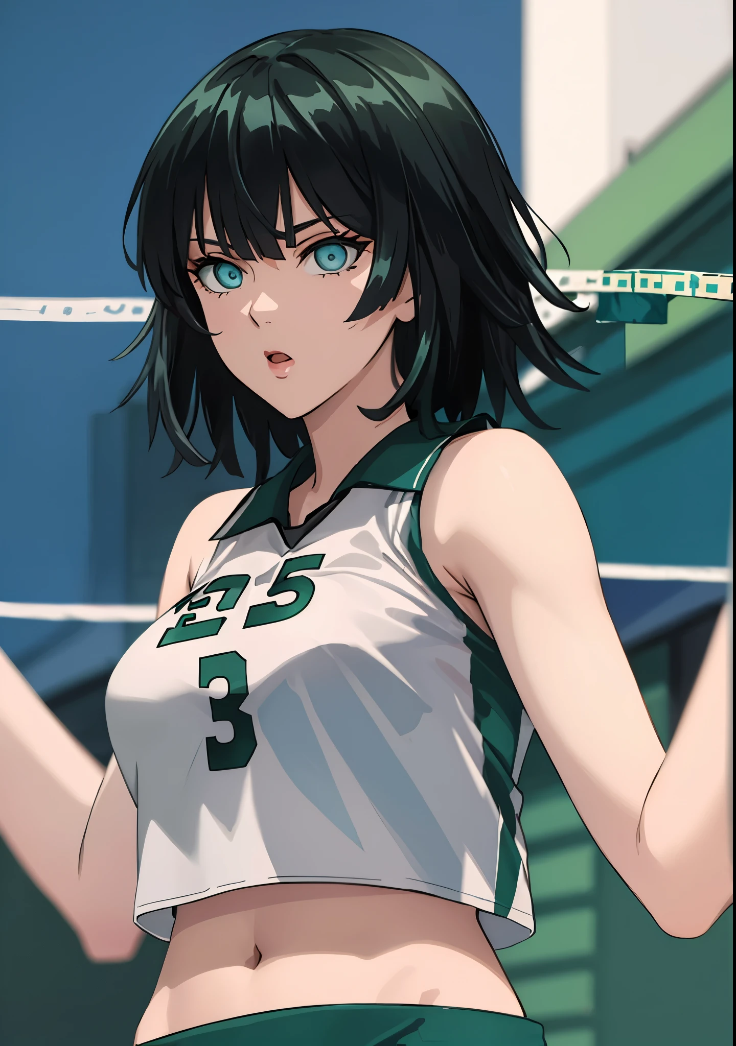 green eyes, (green color hair:1.2),By bang，short hair, 
BREAK ((((buruma:1.3), (crop top:1.1), sleeveless volleyball uniform)):1.2),
BREAK (masterpiece:1.2), best quality, high resolution, unity 8k wallpaper,NSFW ,(illustration:0.8), (beautiful detailed eyes:1.6), extremely detailed face, perfect lighting, extremely detailed CG, (perfect hands, perfect anatomy),