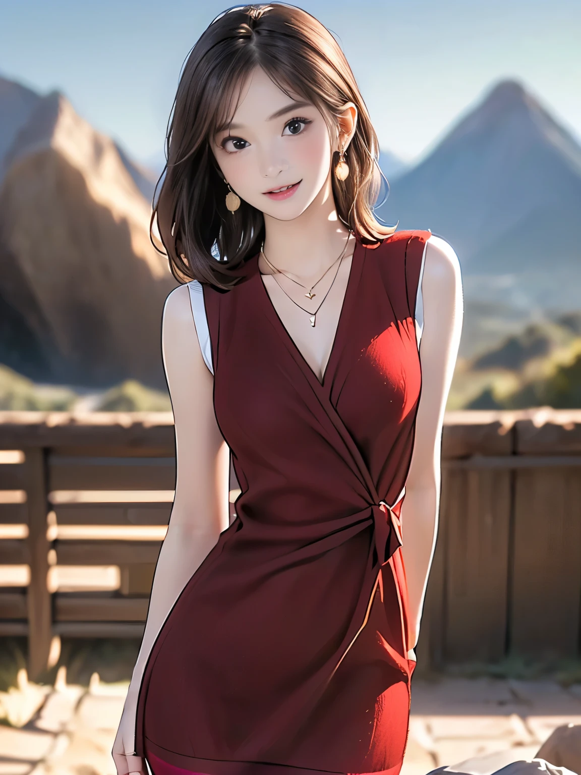 ((((highest quality))))、(((Ultra-precision CG16K wallpaper)))、(((masterpiece)))、(((Super detailed)))、(((Extreme detail)))、((１Mature 29 year old woman:1.6))、((Very beautiful Japanese faces))、((Zuo々Nozomi:1.5))、((Straight medium hair、blunt bangs:1.5))、((Shiny brown hair:1.5))、Beautiful delicate eyes、Brown Eyes、eyeliner、Eyeshadow、High nose、Small nostrils、Small Mouth、Seductive lips、Beautiful breasts、((C cup size breasts))、Beautiful feet、eight-headed body、Perfect proportions、Perfect Anatomy、Perfect composition、Beautiful detailed shading、Beautiful, natural lighting、Beautiful detail glow、Depth of written boundary、(((High chroma)))、(((Real:1.9)))、((vivid:1.5))、((Beautiful Skin))、((Skin Texture))、((Realな皮膚感))、(((Cowboy Shot:1.6)))、((front view、shoot from front、Front low angle:1.6))、(((smile:1.5)))、((The woman is looking at this、looking at viewer、Facing forward:1.6))、Bright daylight、Natural light、(((Grass Square、Trees:1.3)))、(Walking Pose:1.6)、(((Wine red high neck sleeveless ribbed knit dress:1.6)))、((Headband、Wearing earrings:1.3))、((Knee socks clothing:1.3))、