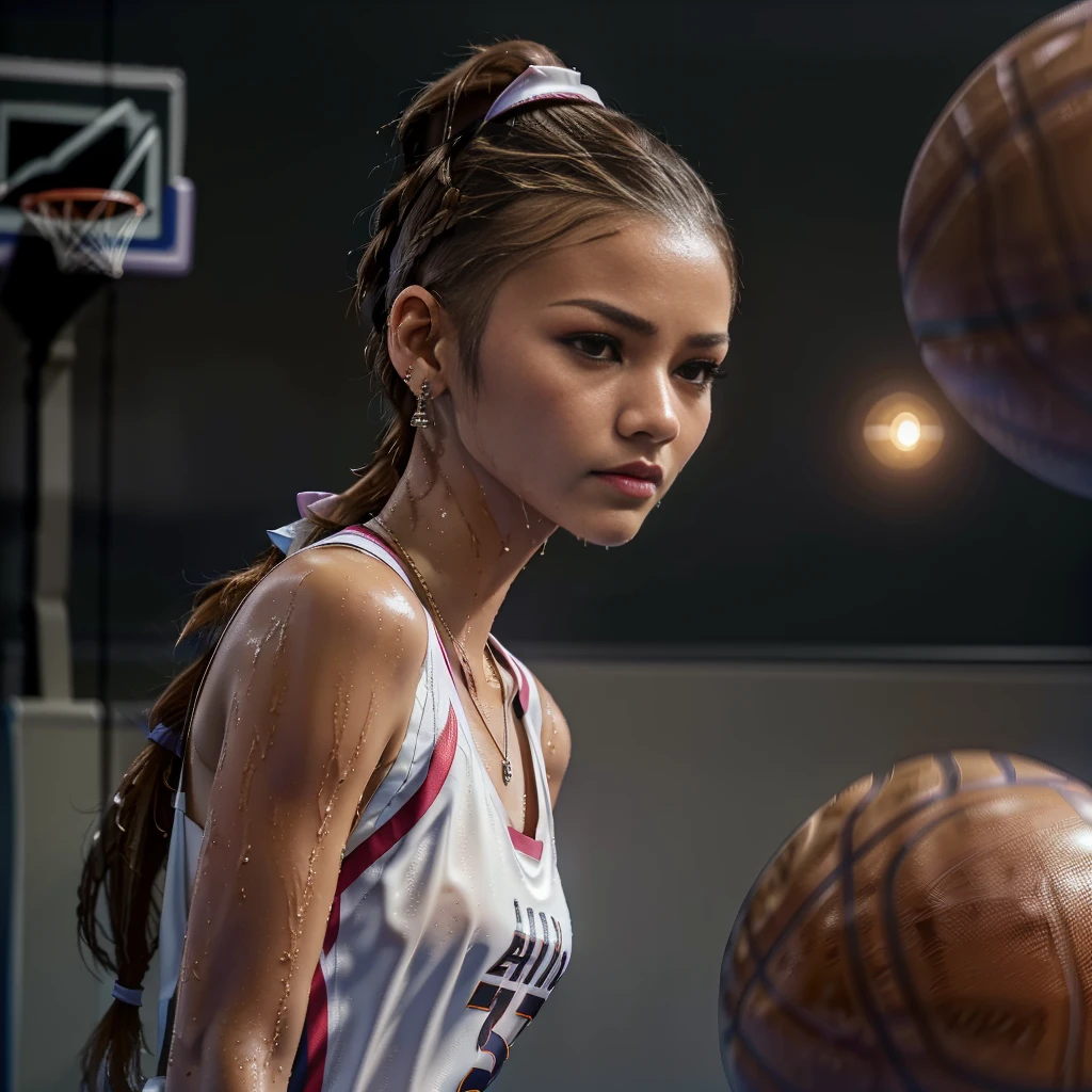 (zendaya:.4), (32k:1.5, Highest quality, masterpiece, Ultra-high resolution), Professional camera work:1.6, Highly detailed skin and face textures:1.3, Captivating portrait:1.2, Very accurate, Very detailed, 1 adult female, ((at basketball field1.4), Incredibly slim body, sense of loss, Sadness, Expressions of sadness,  Small face, A dreamy look:1.0,  (Wet dark brown medium length hair), Candles, The chest is medium, Earrings, necklace, bracelet, (romantic, mysterious), ((playing basketball:1.4)), ((medium shot)), ((ponytail:1.4))