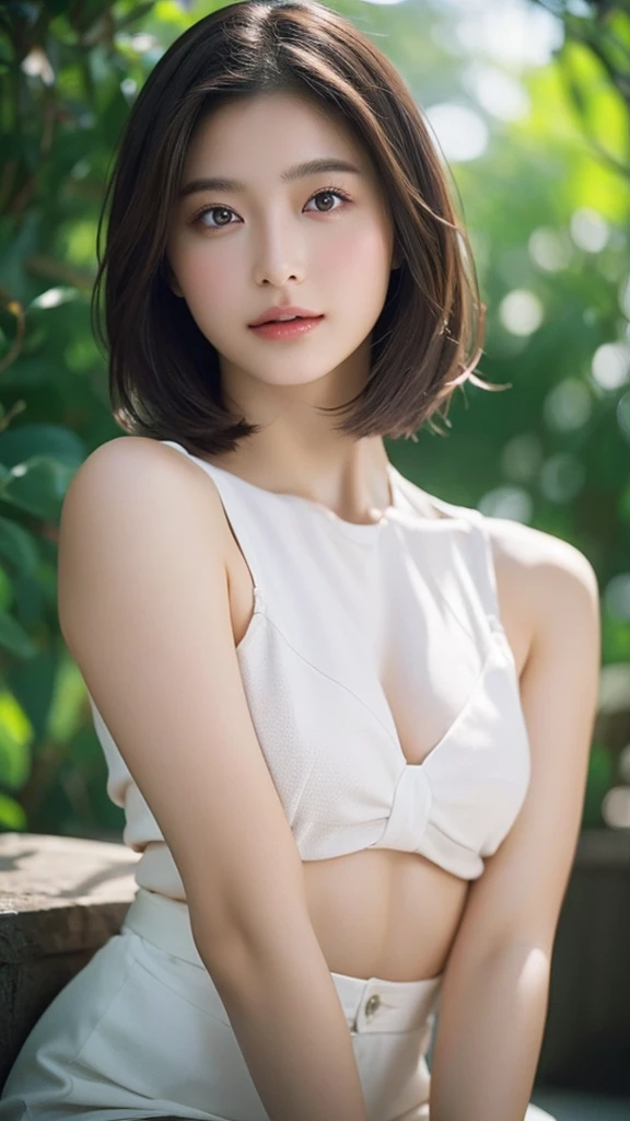 High resolution、masterpiece、Textured skin、High image quality、超High resolution、Very detailed、woman、20 years old、Center parted very short hair、Large Breasts、sexy、Perfect Style、Ray Tracing, Background blur, solo, Simple Background, 