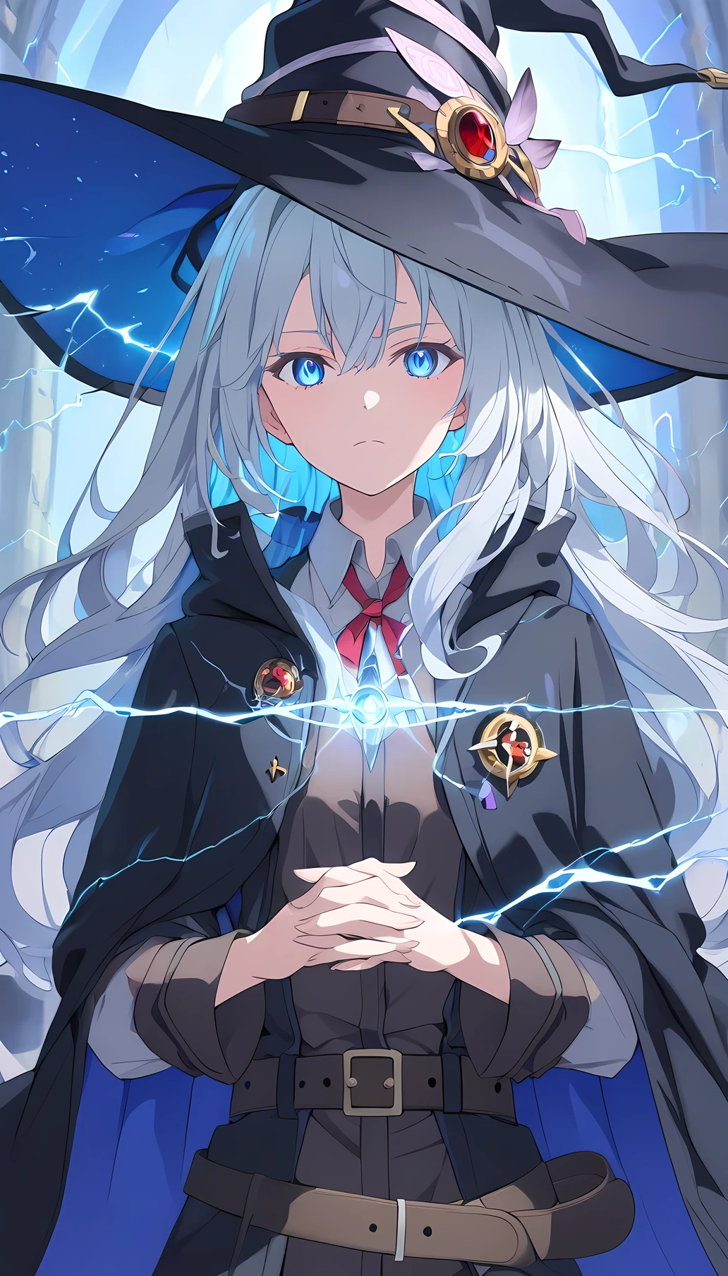 ((masterpiece)), (detailed), perfect face, high detailed eyes, ray tracing, super detail, textured skin, highres, Black leather coat, red inner shirt, leather belt, Wizard, witch, blue light, (Shoots blue lightning from her hand), silver hair, long hair, crystal hair, expressive hair, anime style, Thrust her hands forward and radiate magical light