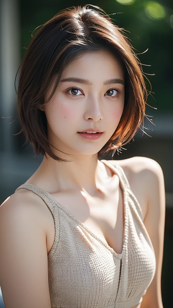 High resolution、masterpiece、Textured skin、High image quality、超High resolution、Very detailed、woman、20 years old、Center parted very short hair、Large Breasts、sexy、Perfect Style、Ray Tracing, Background blur, solo, Simple Background, 