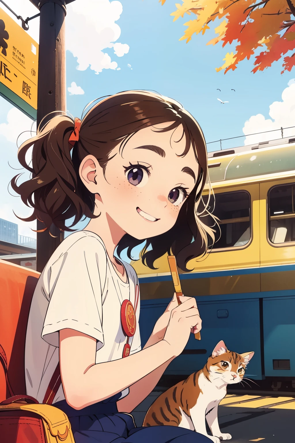 masterpiece，Best Quality，Cute doodles，Cheerful, Honor student，young very ，baby face，Very short，Flat Chest，Thin thighs，Curly Hair, Twin tail hair，Vibrant, Curious eyes，Freckles，Thick eyebrows，Open Fly，Waiting for the train in front of a small station，Jojo Fashion，smile，Red cheeks，A little embarrassing，autumn，blue sky，Sardine cloud，autumnの紅葉，bright，Low Angle，bright色，watercolor，Accurate and detailed female fingers，Petting a cat，