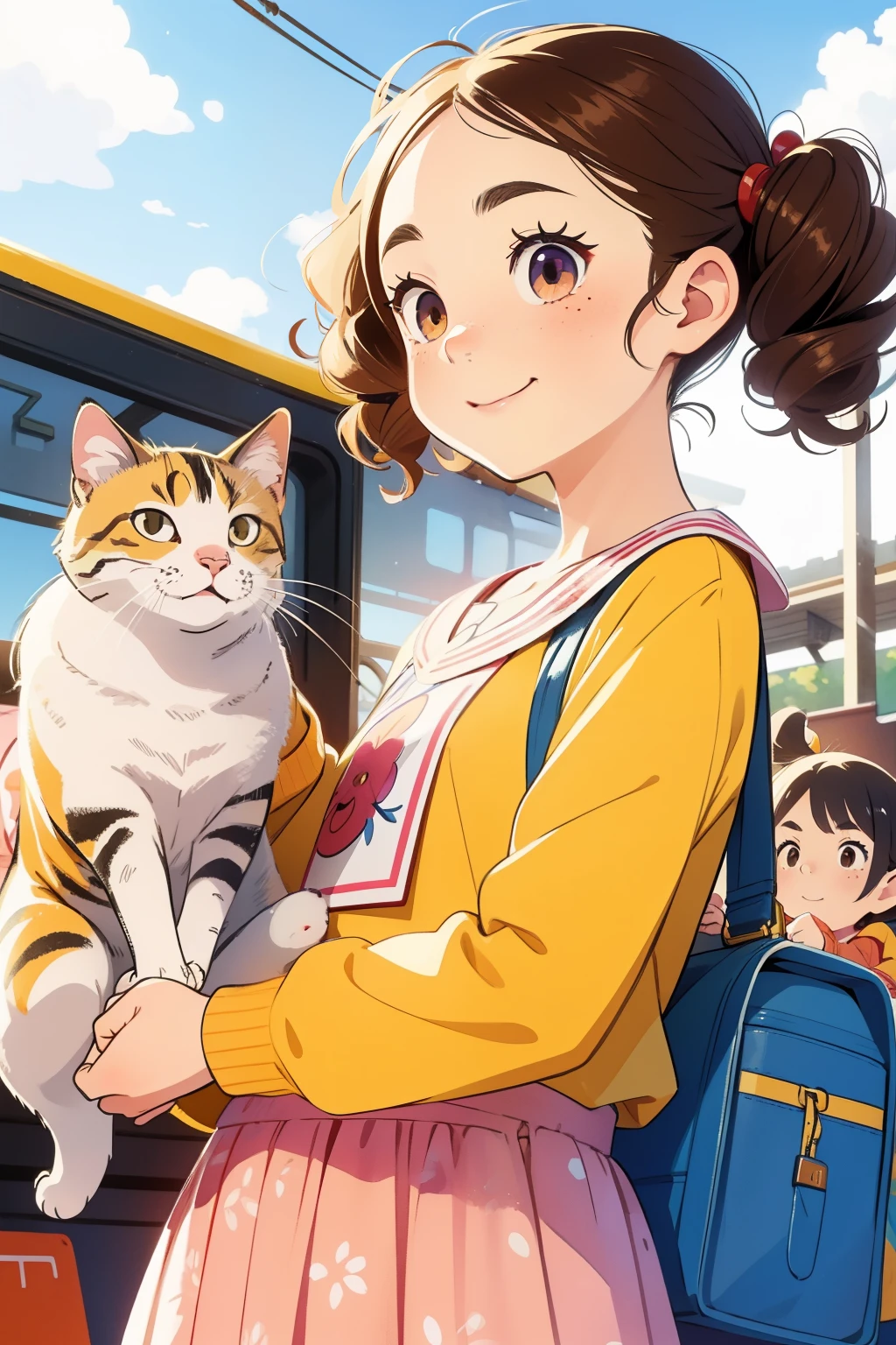 masterpiece，Best Quality，Cute doodles，Cheerful, Honor student，young very ，baby face，Very short，Flat Chest，Thin thighs，Curly Hair, Twin tail hair，Vibrant, Curious eyes，Freckles，Thick eyebrows，Open Fly，Waiting for the train in front of a small station，Jojo Fashion，smile，Red cheeks，A little embarrassing，autumn，blue sky，Sardine cloud，autumnの紅葉，bright，Low Angle，bright色，watercolor，Accurate and detailed female fingers，Petting a cat，