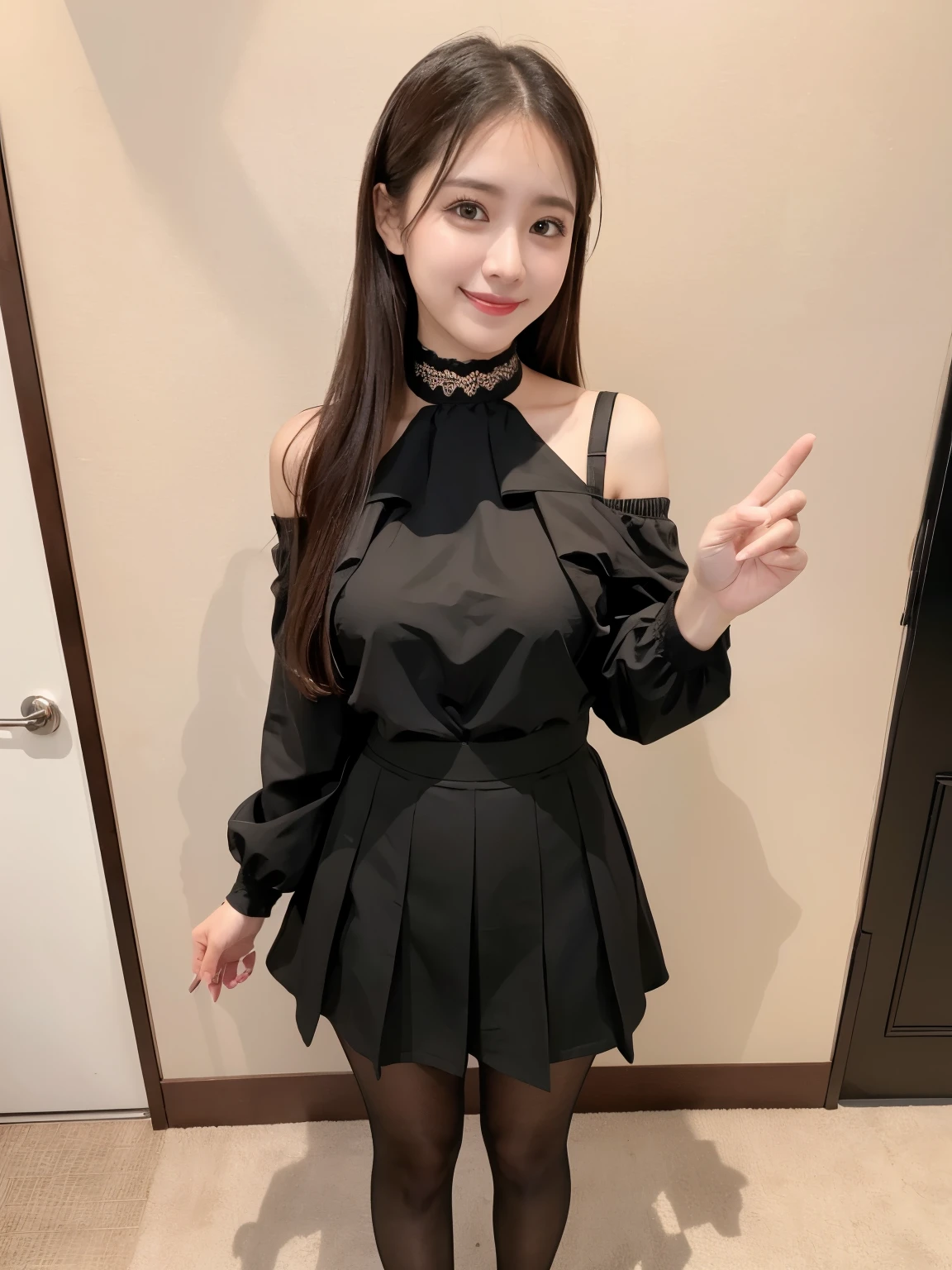 A girl really embarrassed looking at a mirror wearing a tutu and black shirt. She is looking at the mirror to see how she is. And she is blushing because it's really embarrassed to wear those clothes