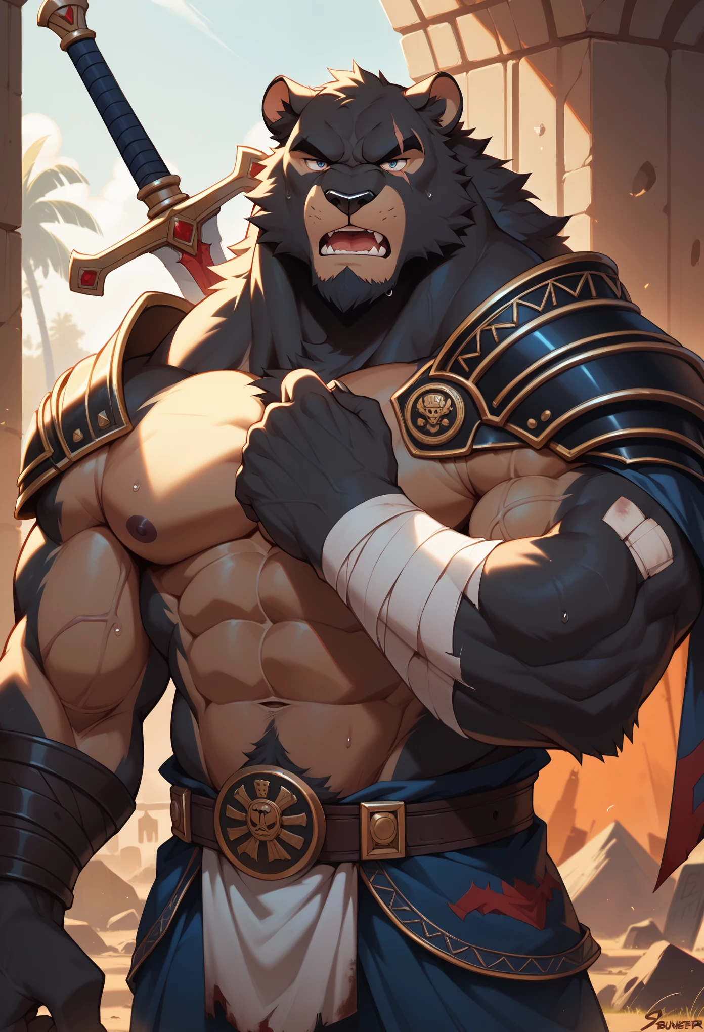 Best quality, masterpiece,ultra high res,detailed background,realistic, real shadow and light,depth of field, looking at the viewer, strong arm and veins, (furry male), (Black panther furry), Warrior armor, greatsword on his back, older, elder, beard, Sexy body, angry face, sweat body, bandage on shoulder and arm, injured, bandage on body, warzone, battlefield, morning, morning breeze, Buffy, old guy, middle aged, half body, close up, buffy, muscle, open mouth, huge scar on his body, ancient rune, black fur, all black.