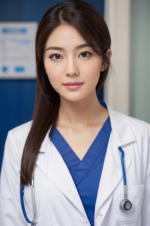 there is an attractive woman in a doctor&#39;s uniform and a white lab coat., sexy doctor ie next to a surgery room, attractive ...