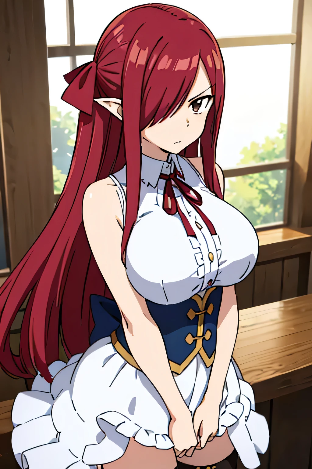 (masterpiece:1.2), (best quality:1.2), 1girl, 
fairy tail, 1girl, long hair, red hair, brown eyes, large breast, neck ribbon, bare shoulders, white shirt, sleeveless, center frills, blue skirt, hair over one eye
sexy stance, in the bar, massive breasts, stockings