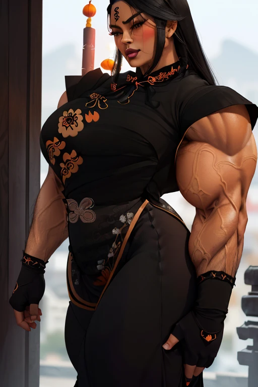 ((((Massive, beautiful, buff, pale white skinned muscular woman with orange hair, black lipstick, ginormous bulky muscles and wearing a beautiful orange long Traditional kimono adorned with intricate earth designs with long pencil skirt)))), (close view), long Traditional kimono, massive muscles, massive biceps, hyper muscle shoulders, (massive muscle arms), hyper muscle triceps, (long shaggy hair), green eyes, choker, sandals, (in the Cloudy beautiful village), confident smile, night, hyper vascular arms, hyper muscles arms, hyper muscle legs, massive arms