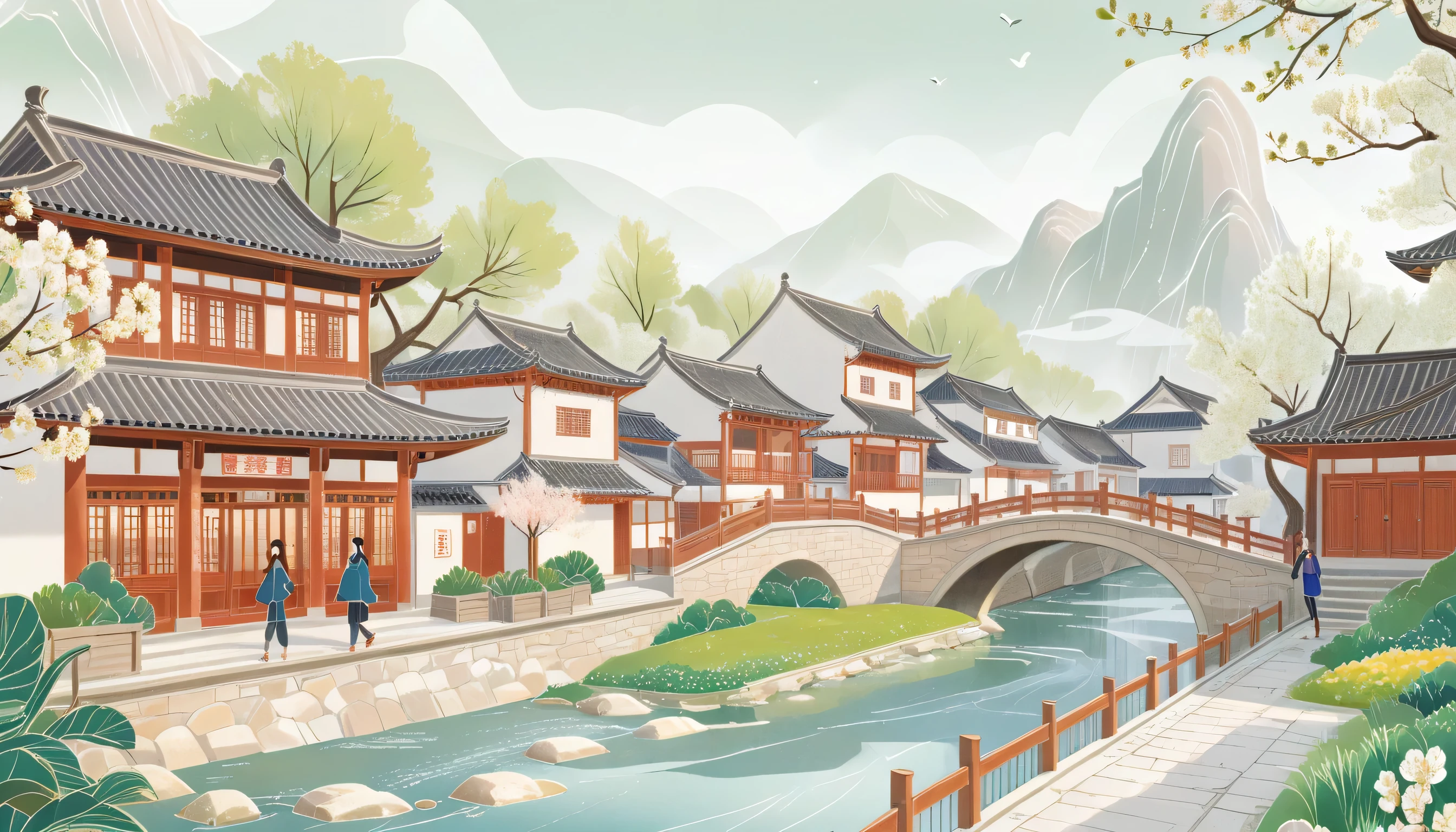 Single-storey building，spring，Many buildings，Traditional Pedestrian Street，Beautiful Views，Illustrations based on lines，Simplicity，Creek