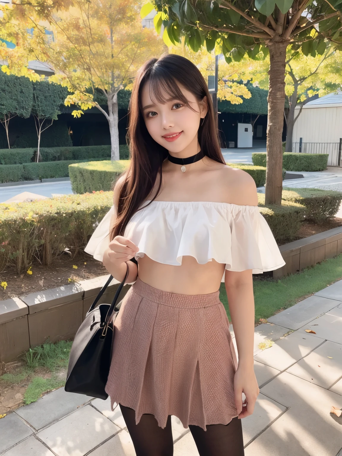 Highest quality,Buckshot,Face towards the viewer、Very attractive with a backpack, (((Standing and playing with a cute puppy))), Enjoy a lovely spring outing surrounded by beautiful yellow flowers and natural scenery. 1 girl,Cute face,smile,Off the shoulder、Berry Shorts、Knee socks、,Pink sneakers,The illustrations are in high resolution with 4K resolution., 12 year old girl with highly detailed facial features,Perfect hands,Perfect legs,Cleavage