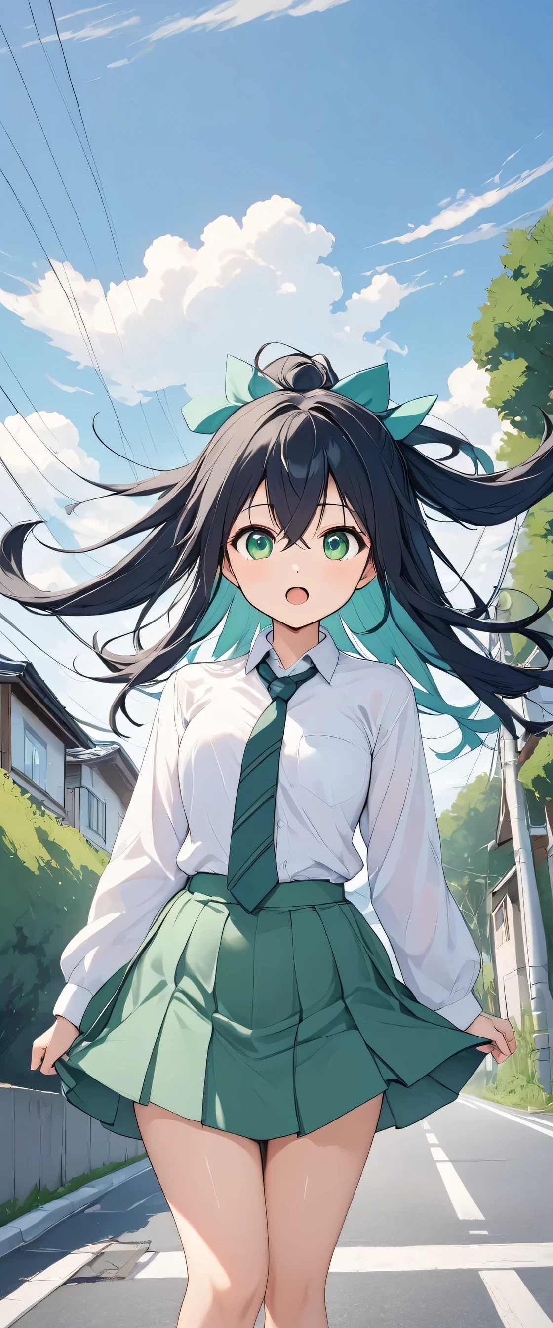 ((Best Quality, 8k, masterpiece: 1.3)),people間の女の子,1people,1peopleで,((Petite,Glamorous Body,Curvy)),cute,Surprised,Blushing,((Her long black hair sways in the strong wind)),Beautiful emerald green eyes,((Long sleeve dress shirt,Green tie,Green mini skirt,Can be flipped over by strong winds)),((レモンイエローのcuteパンティー,I see Scanty)),Japanese Landscape,The road home from school,Low angle composition,