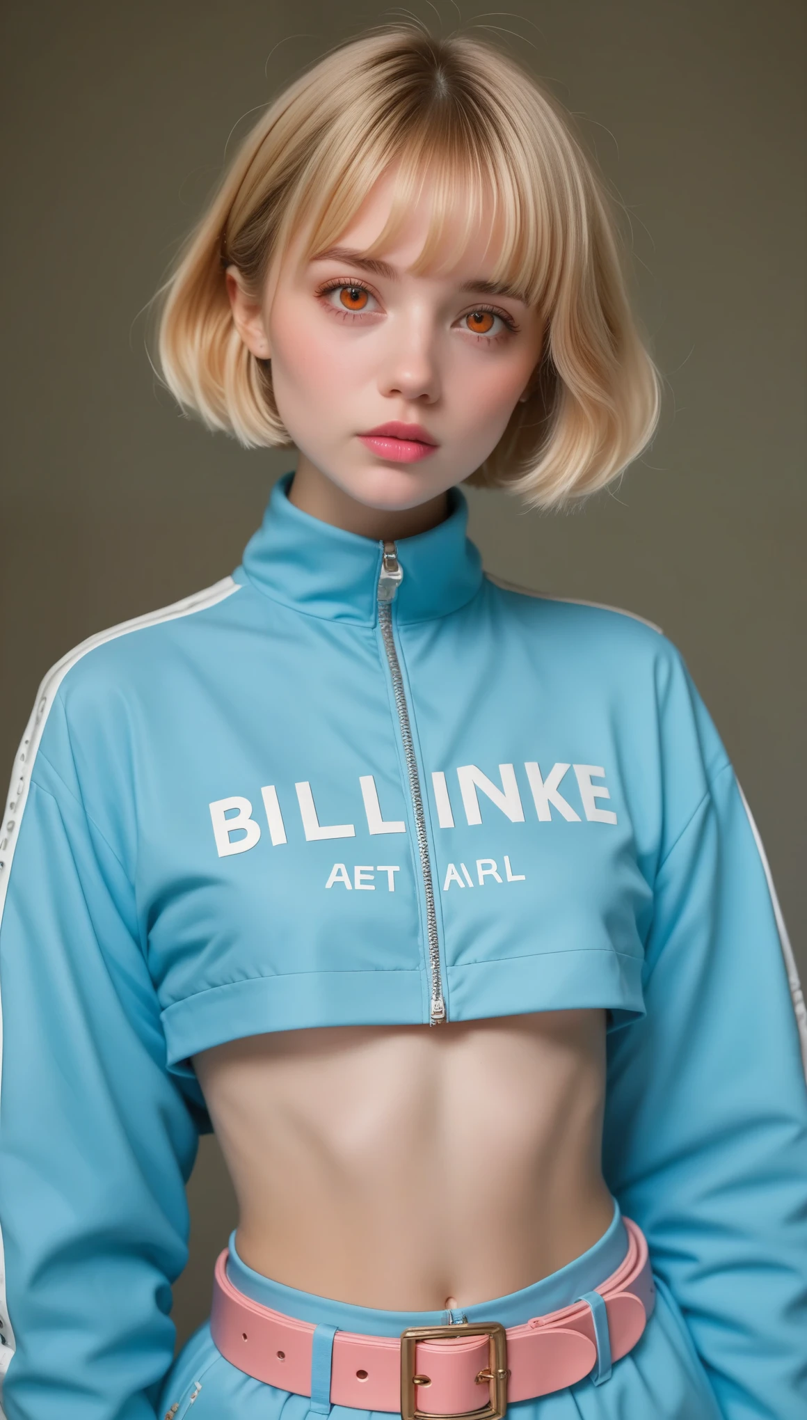 (masterpiece, Best Quality) detailed, 1 character , Blue archival art style , Wearing a baby blue jacket, Pink Belt , BLACKPINK-inspired outfits, Crop top,A wonderful woman , short hair , Blonde , Orange eyes , No students , Pink Lips , Pale skin , 2,
, Faded pastel colors , Cel shade ,