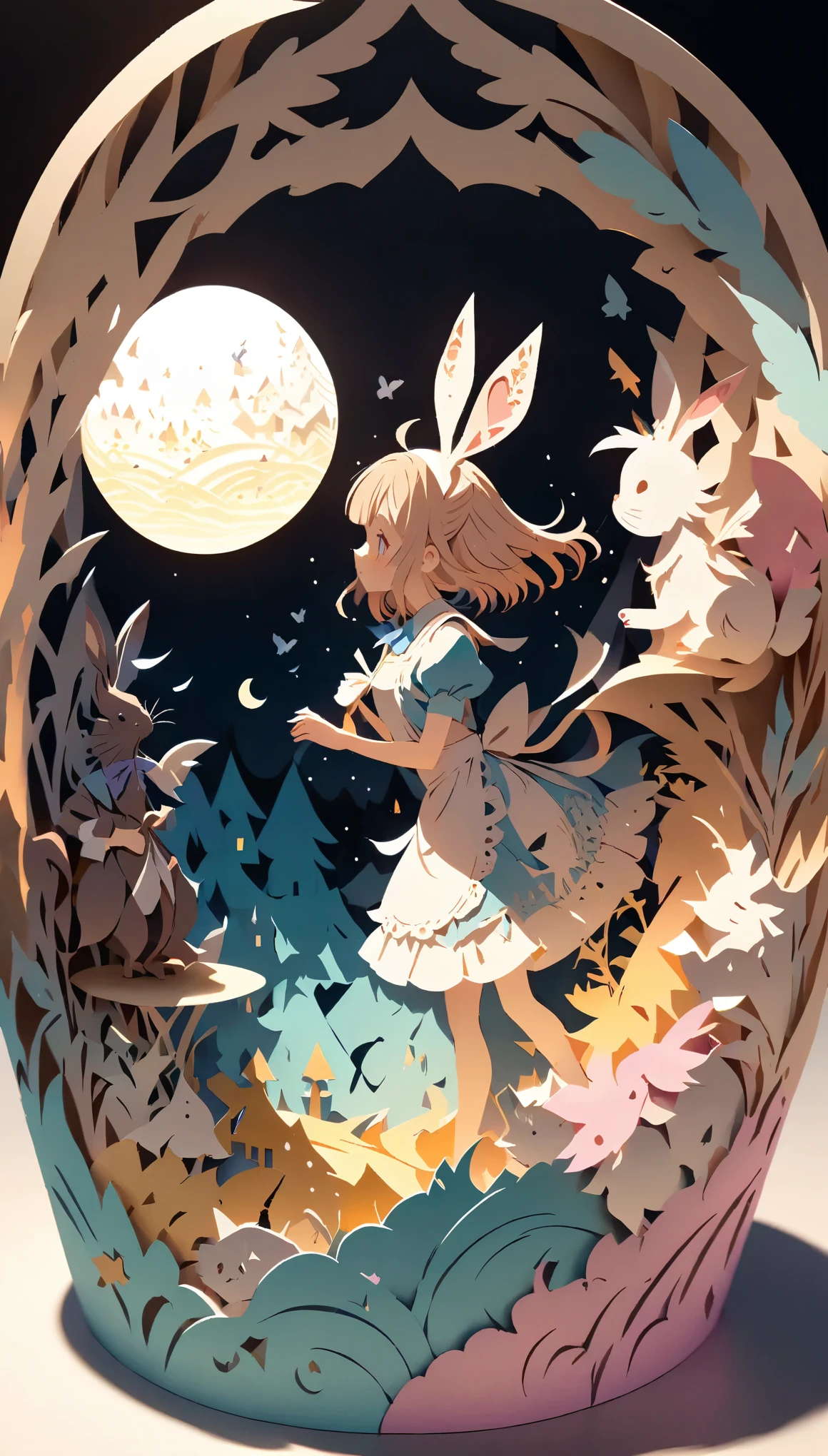 (masterpiece:1.2), (Best Quality:1.2), Ultra-high resolution, Very detailed, Perfect lighting, Alice in Wonderland, Otherworldly fantasy, cute, Pastel colors, Paper cutting art,Flat paper cutout, Anime style illustration,Anime illustration, White background, PAPERCUT, alicecos