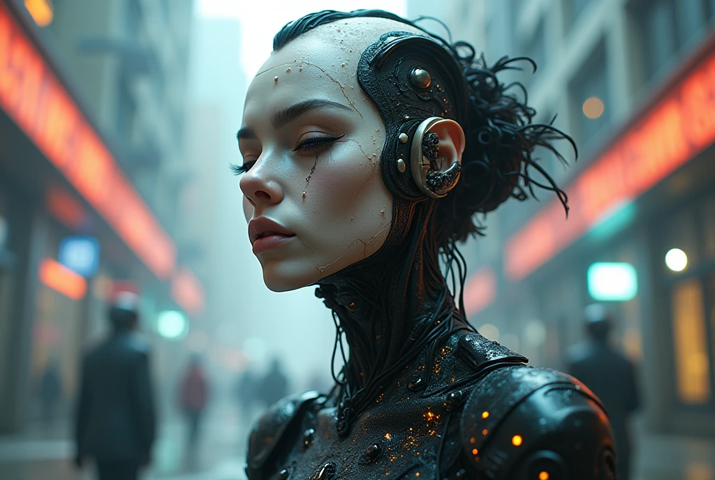 a highly detailed, hyper-realistic portrait of an alien, alien, alien humanoid, alien humanoid female, alien humanoid girl, alien humanoid woman, alien race, alien species, alien creature, alien anatomy, alien biology, alien technology, alien landscape, alien city, alien architecture, alien environment, cinematic lighting, dramatic lighting, chiaroscuro lighting, moody lighting, dramatic atmosphere, dark and moody, photorealistic, hyperrealistic, 8k, 4k, high resolution, masterpiece, award winning, stunning, epic, intricate details, hyper-detailed, ultra-detailed, extremely detailed, sharp focus, physically based rendering, volumetric lighting, vibrant colors, cinematic color grading, Romulus, high quality, (RAW photo, best quality), (realistic, photorealistic: 1.4), (extremely delicate and beautiful: 1.4), amazing, fine details, masterpiece, ultra detailed, high resolution, best illustration, best shadow, intricate, ( extremely intricate: 1.2), (exquisitely detailed skin), cinematic light, perfect anatomy, (cool color: 1.4), sharp focus, 8k UHD, DSLR, (Fujifilm XT3),Mechanical vertebrae attached to the back, mechanical cervical attachment to the neck, alambres y cables que se conectan a la cabeza, Evangelion, small bright LED lamps,( pose americano :1.4), ,(Fondo de ruinas de mazmorra en ruinas Tokio cyberpunk :1.4 )