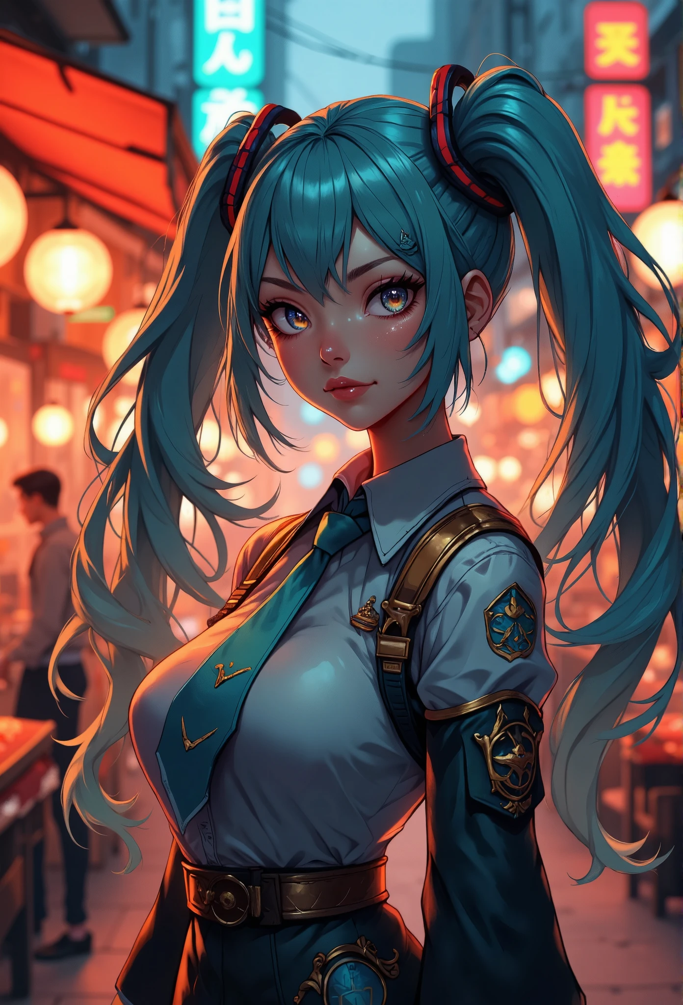 (masterpiece、Best Quality、Best Quality、Official Art、Beautiful and beautiful:1.2)、(One person:1.3)Hatsune Miku、Twin tails,Beautiful breasts,Dim orange moonlight,Dim orange neon lighting,night,Beautiful woman in uniform in the bustling city of Gintama, Surrounded by sellers, Beautiful portrait of a breathtaking goddess girl, Beautifully detailed face, Porcelain Skin, Full Body Shot, Center, Super soft lighting, Symmetric, Complex, elegant, Very detailed, Realistic, Art Station, Concept Art, , Imagined by greg rutkowski and borris vallejo, cover, Trending Style