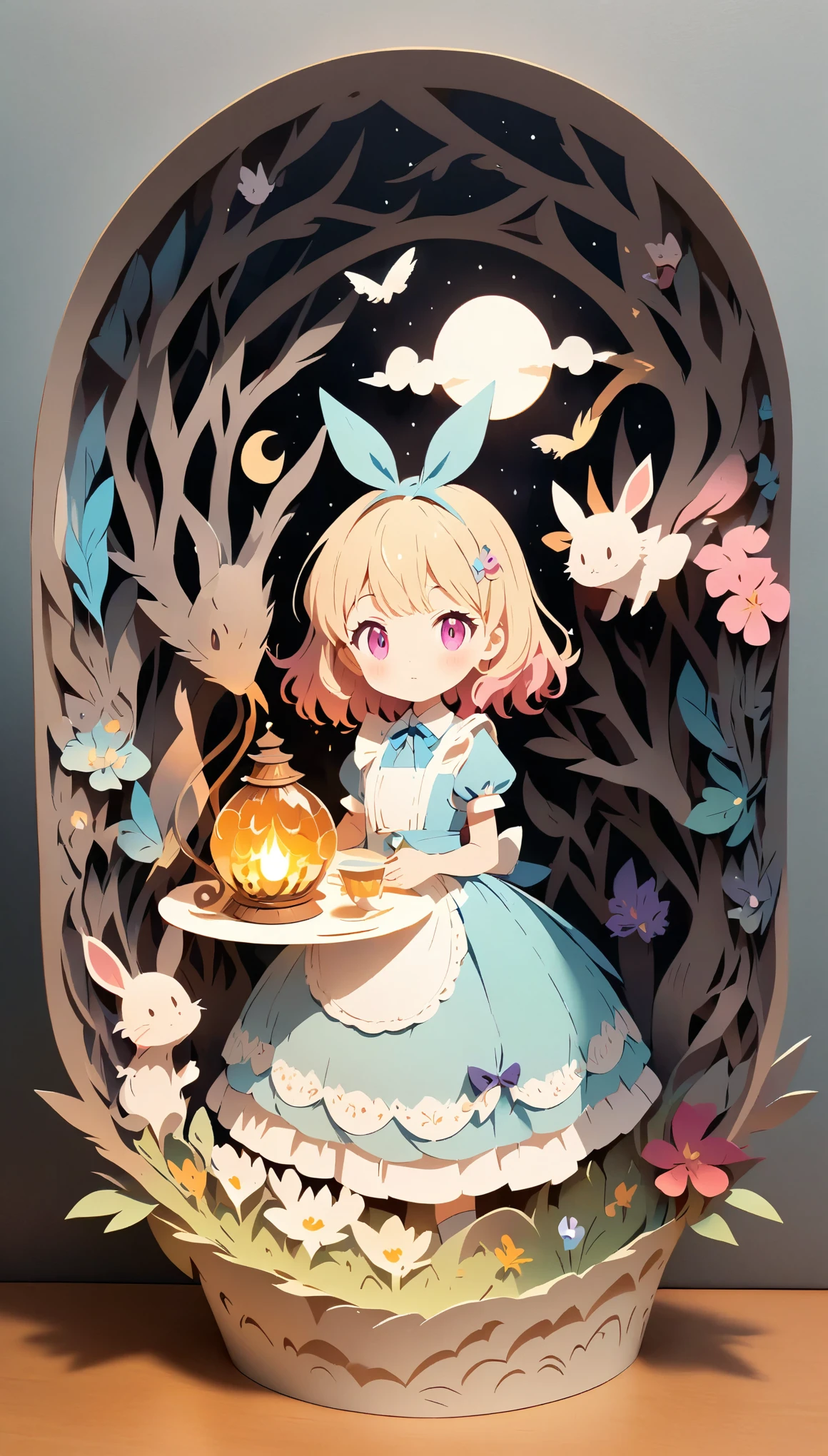 (masterpiece:1.2), (Best Quality:1.2), Ultra-high resolution, Very detailed, Perfect lighting, Alice in Wonderland, Otherworldly fantasy, cute, Pastel colors, Paper cutting art,Flat paper cutout, Anime style illustration,Anime illustration, White background, PAPERCUT, alicecos