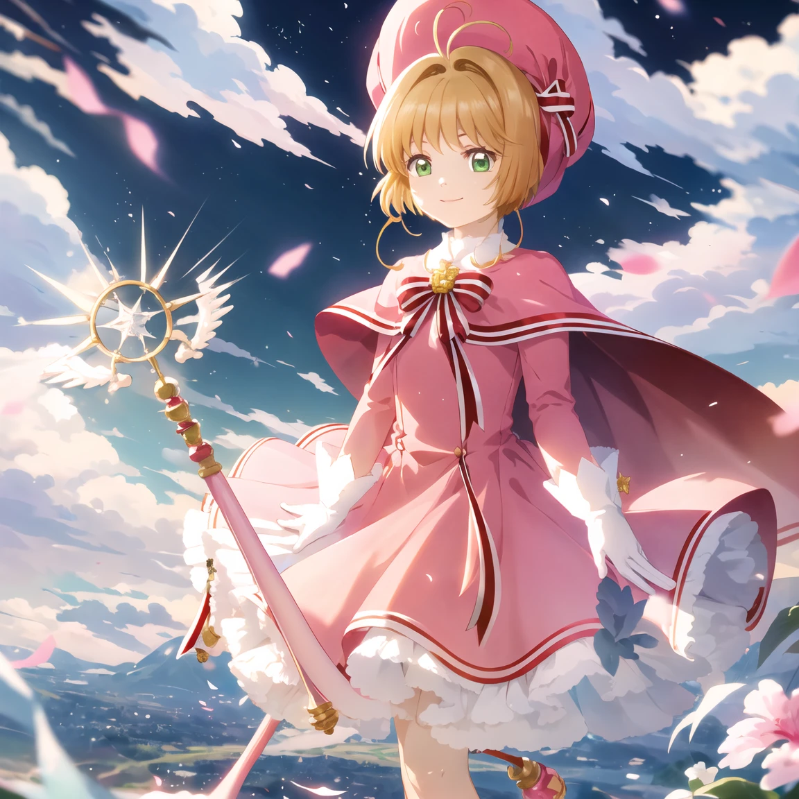 masterpiece, Best Quality, High resolution, Sakura Kinomoto, One girl, Brown Hair, short hair, Antenna Hair, Pink hat, green eyes, Capelet, Pink Dress, Striped ribbon, Long sleeve, White gloves, Staff with, Annoying, Wicked Smile,