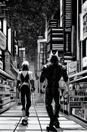 Sci-fi comics drawn on textures、Japanese Manga、Monochrome、 Comical werewolf、A werewolf goes shopping in a futuristic city、The store clerk is also a werewolf、