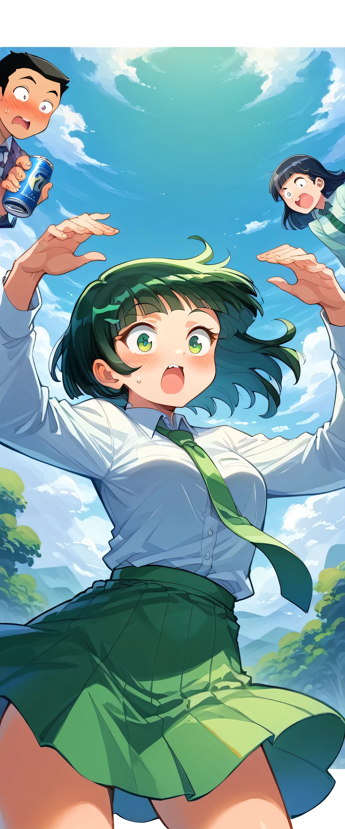 ((Best Quality, 8k, masterpiece: 1.3)),people間の***,１people,１peopleで,((Petite,Glamorous Body,Curvy)),cute,Surprised,Blushing,((Her long black hair sways in the strong wind)),Beautiful emerald green eyes,((Long sleeve dress shirt,Green tie,Green mini skirt,Can be flipped over by strong winds)),((レモンイエローのcuteパンティー,I see Scanty)),Japanese Landscape,The road home from school,Low angle composition,