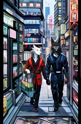 Sci-fi comics drawn on textures、Japanese Manga、 Comical werewolf、A werewolf goes shopping in a futuristic city、The store clerk is also a werewolf、