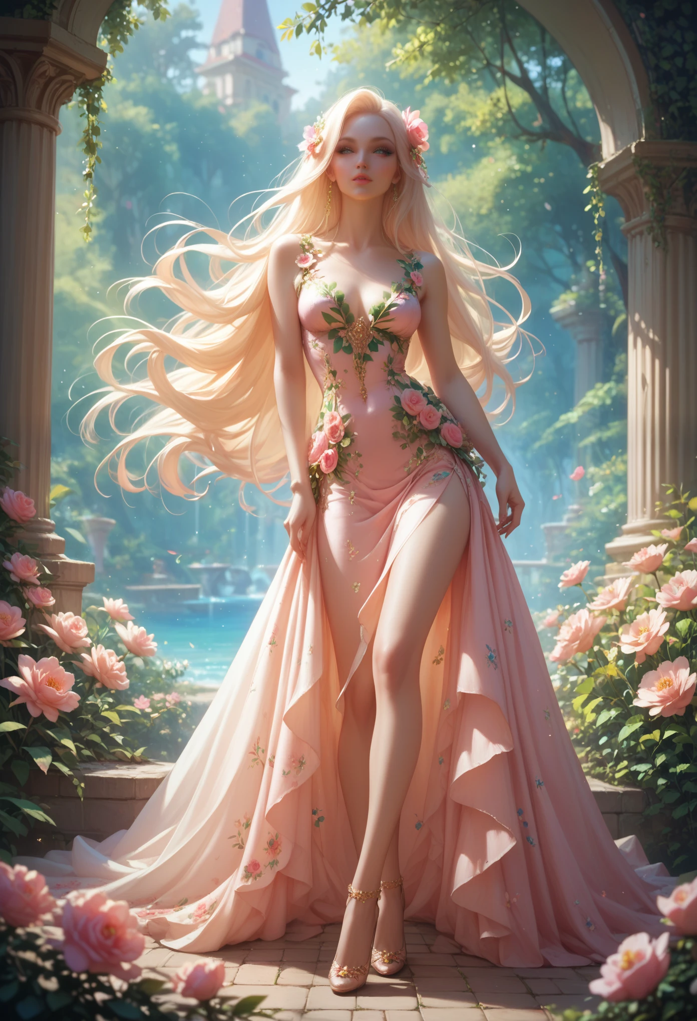 ((top quality, 8 k, masterpiece: 1.3)), 1Girl, Sexy Charming : 1.3, (Long hair: 1.2), flower dress, Long legs: 1.1, Very thin face, beautiful eyes, double eyelids, outdoors