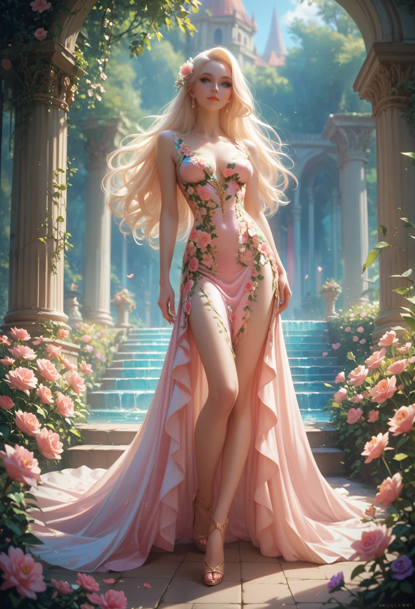 ((top quality, 8 k, masterpiece: 1.3)), 1Girl, Sexy Charming : 1.3, (Long hair: 1.2), flower dress, Long legs: 1.1, Very thin face, beautiful eyes, double eyelids, outdoors