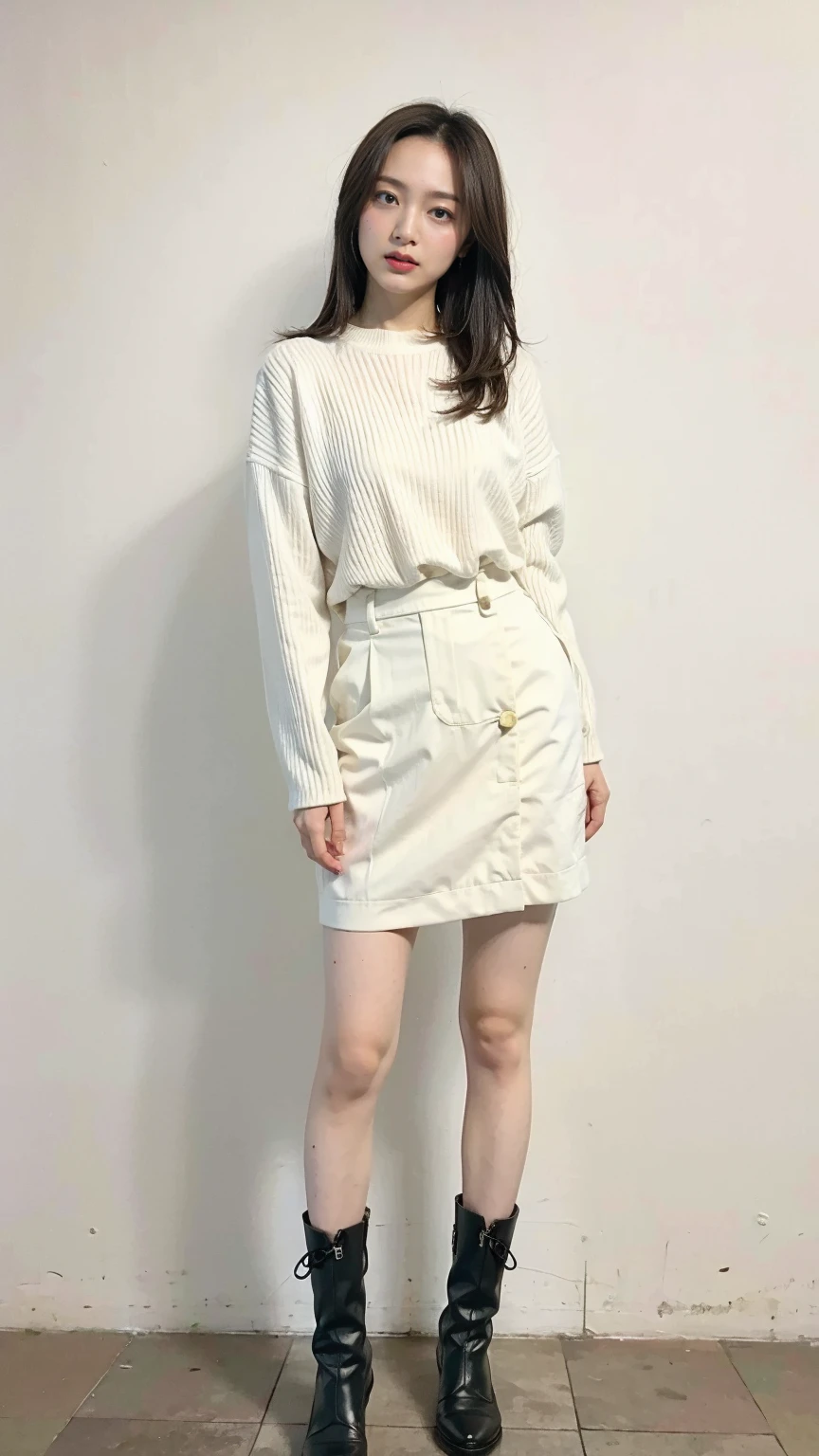 very beautiful 30 year old woman,full body standing forward wearing chic clothes, influencer position ,in a Nordic style salon blonde short hair, short modern bob, influencer,