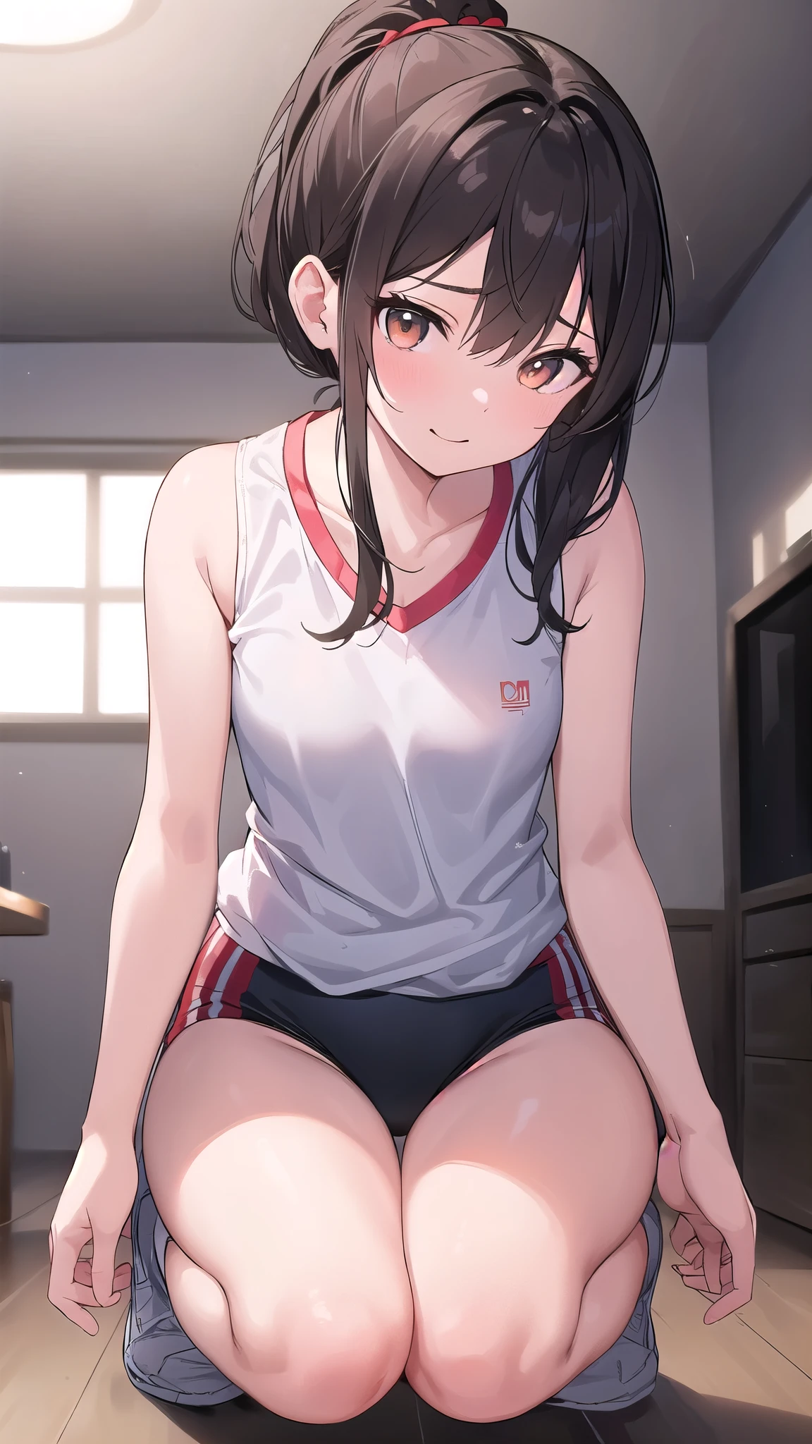 1girl, ,testicles,black hair,brown eyes,,one-piece swimsuit,in bedroom, school swimsuit,twin tail,flat creast,half-closed eyes,rolling eye,blush,sweat,heavy breathing,masterpiece,