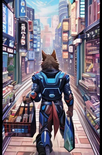 Painting on texture、Science Fiction Comics、Japanese Manga、 Comical werewolf、A werewolf goes shopping in a futuristic city、The store clerk is also a werewolf、