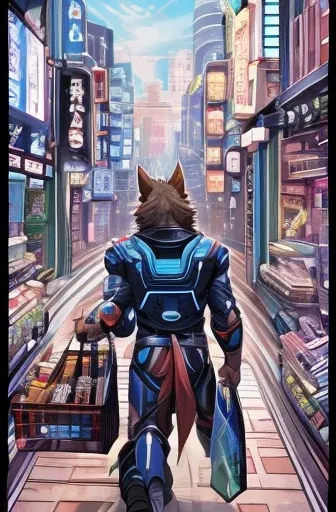 painting on texture、science fiction comics、japanese manga、 comical werewolf、a werewolf goes shopping in a futuristic city、the st...