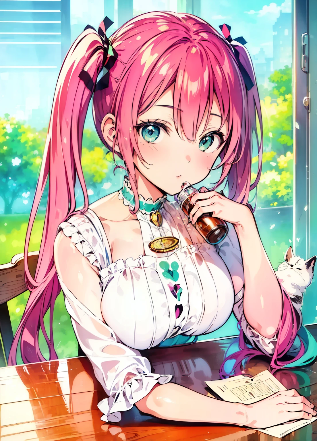 (masterpiece、Best Quality、Best Quality、Official Art、Beautiful and beautiful:1.2)、(One person:1.3)Hatsune Miku、Twin tails,Beautiful breasts,There is cat sitting next to a glass of milk, ミルクを飲むcat, catのイラスト1匹, ultra-Realistic illustrations, ultra-Realistic illustrations, hyper-Realistic illustrations, cat. Realistic painting, By Wayne England, Realistic illustrations, hyper Realistic illustrations, Portrait, close Portrait, Award-winning Hyper-Realistic, Lisa Milroy, Galen Dala