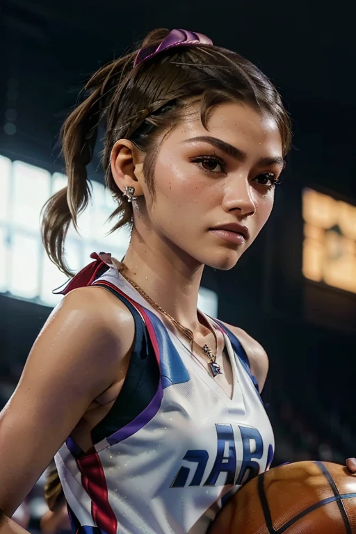 (zendaya:.4), (32k:1.5, Highest quality, masterpiece, Ultra-high resolution), Professional camera work:1.6, Highly detailed skin and face textures:1.3, Captivating portrait:1.2, Very accurate, Very detailed, 1 adult female, ((at basketball field1.4), Incredibly slim body, sense of loss, Sadness, Expressions of sadness,  Small face, A dreamy look:1.0, The chest is small, Earrings, necklace, bracelet, ((playing basketball:1.4)), ((medium shot)), ((short ponytail:1.4))