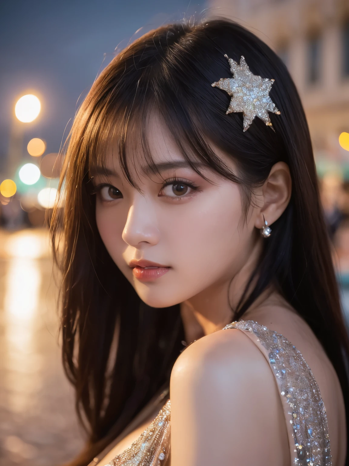 1girl, ahoge, bangs, blonde hair, blowing kiss, blue eyes, blue scarf, brown scarf, cleavage, closed mouth, eyelashes, face, floating hair, hair between eyes, heart, lips, lipstick, long hair, looking at viewer, makeup, night sky, nose, one eye closed, big tits, without clothes, nude girl, orange scarf, pink lips, pink scarf, portrait, purple eyes, realistic, red lips, red scarf, scarf, signature, smile, solo, space, spoken heart, star (sky), starry sky, upper body, yellow scarf