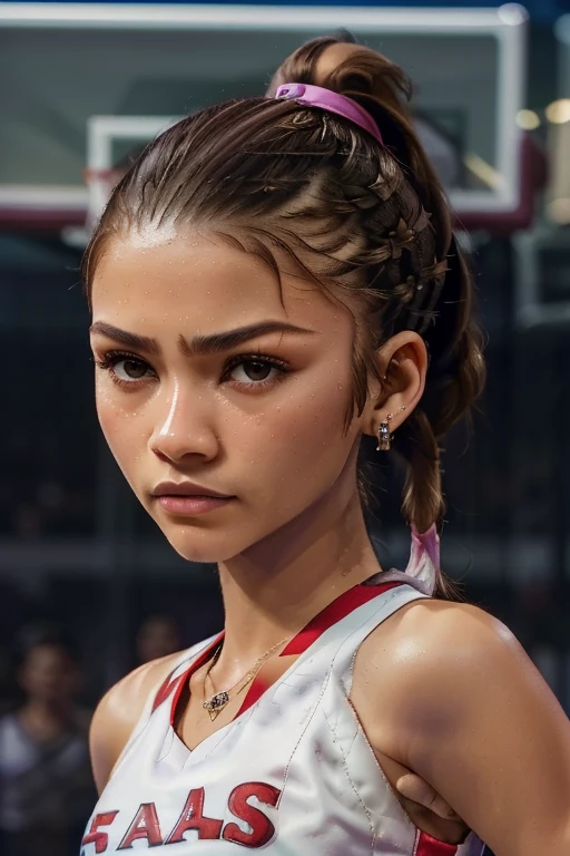 (zendaya:.4), (32k:1.5, Highest quality, masterpiece, Ultra-high resolution), Professional camera work:1.6, Highly detailed skin and face textures:1.3, Captivating portrait:1.2, Very accurate, Very detailed, 1 adult female, ((at basketball field1.4), Incredibly slim body, sense of loss, Sadness, Expressions of sadness,  Small face, A dreamy look:1.0, The chest is small, Earrings, necklace, bracelet, ((playing basketball:1.4)), ((medium shot)), ((short ponytail:1.4))