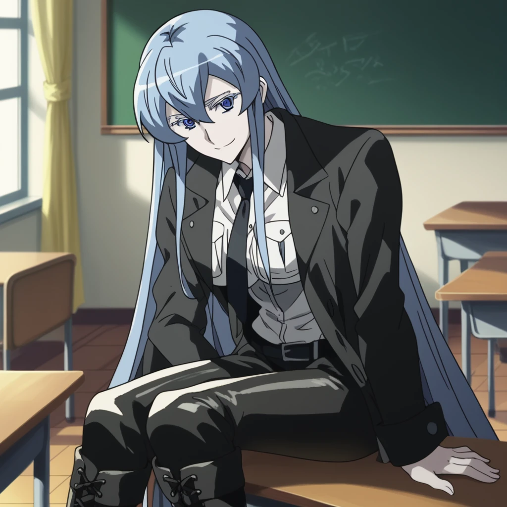 
esdeath,
esdeath, blue eyes, blue hair, long hair, smile, eyelashes, white shirt, black necktie, black leathher Suit, leather pants, leather boots, full body, all black leathe in classroom , black jacket

