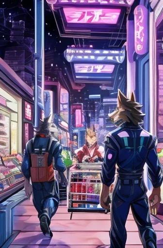 Draw cartoons on textures、Science Fiction Comics、Japanese Manga、 Comical werewolf、A werewolf goes shopping in a futuristic city、The store clerk is also a werewolf、