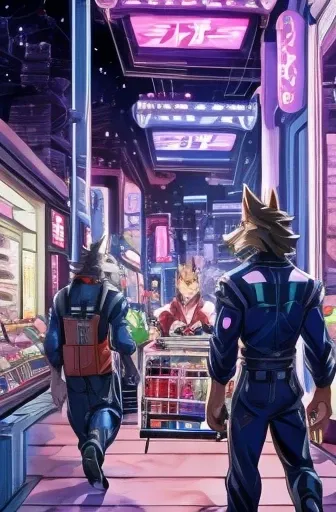 draw cartoons on textures、science fiction comics、japanese manga、 comical werewolf、a werewolf goes shopping in a futuristic city、...