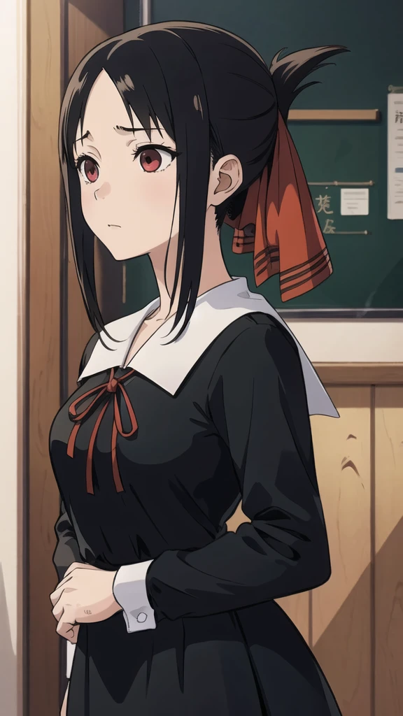 thick outlines, comics, photorealistic, 1girl, solo, small breasts, standing, shinomiya_kaguya, parted bangs, red ribbon, hair ribbon, folded ponytail, black dress, school uniform, long sleeves, neck ribbon, office, detailed background, detailed face, detailed eyes, 