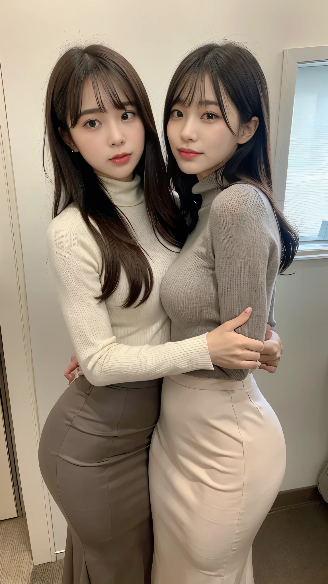 A composition that shows the subject up to the knees、(masterpiece,Best Quality,Ultra-high resolution),Extremely detailed CG,Bob hair with bangs、Beautiful and well-proportioned face、(((Two very beautiful Japanese women))),((Both are wearing high-waisted mermaid pencil skirts made from smooth satin.)),((Maxi length long skirt))、Long sleeve turtleneck knit,(((They are hugging each other)))