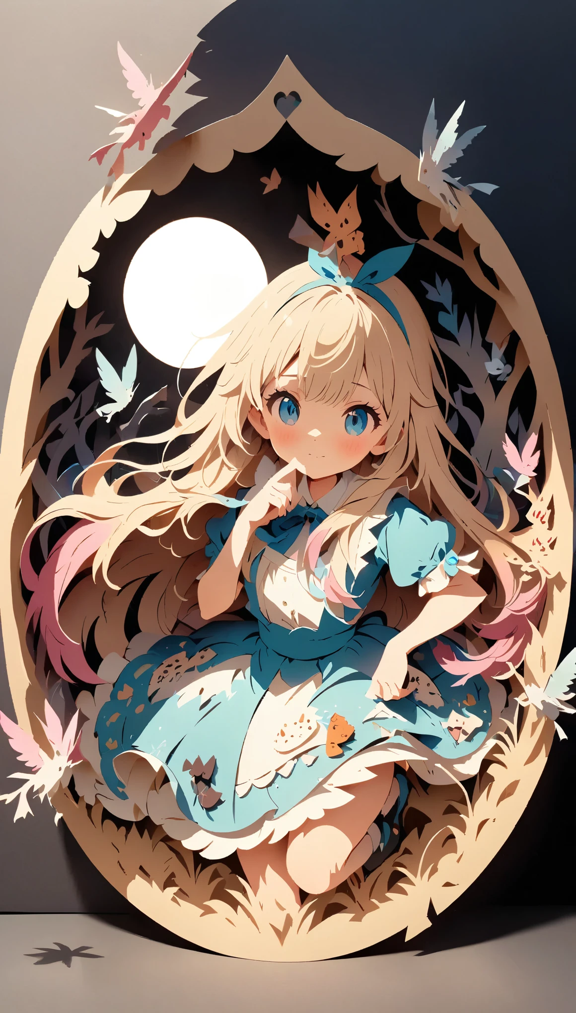 (masterpiece:1.2), (Best Quality:1.2), Ultra-high resolution, Very detailed, Perfect lighting, Alice in Wonderland, Otherworldly fantasy, cute, Pastel colors, Paper cutting art,Flat paper cutout, Anime style illustration,Anime illustration, White background, PAPERCUT, alicecos