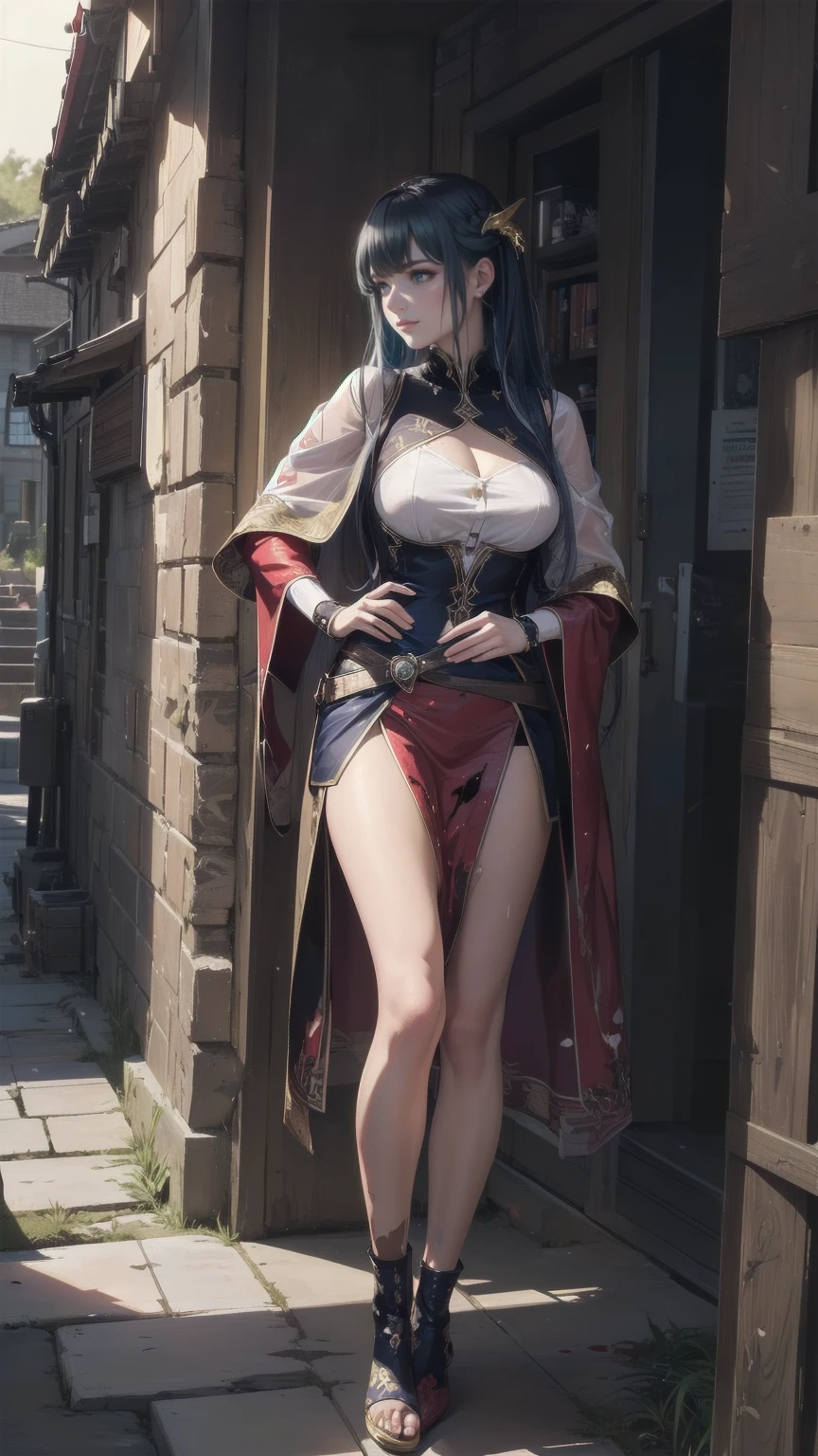 独奏,1 Orcs, Super tall,The temperament of a queen,tmasterpiece,best qualityer,Hyper-detailing,Full body illustration,Fine and detailed eyes and detailed face) garments:There are animal ears,Mature female orcs,cruel grin,There are clothes on the upper body,Wrap the whole body,The lower body is wearing animal skin shorts,bare-legged, Exhibition barefoot,allure:Tall,Plump body,Wide buttock,Large,Strong,There are muscles,Very high,Go ahead,(big assa:1.3),(thick thight:1.3),Taller than a tree,Clouds、building